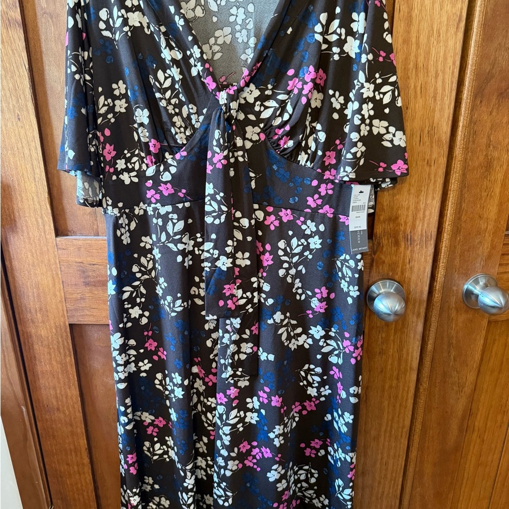 Lane Bryant Brown Floral Dress with Pink and Blue Accents